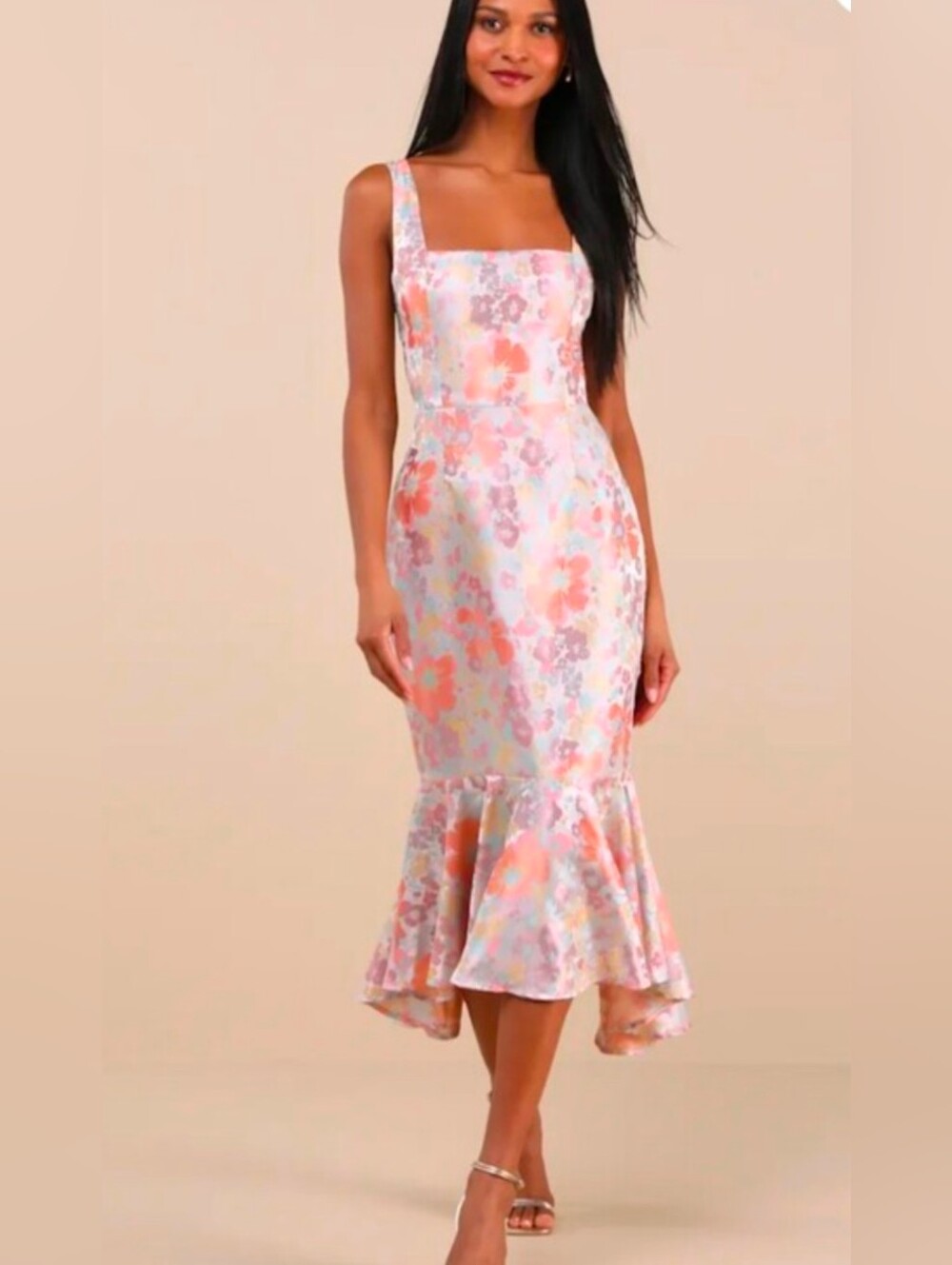 Lulu's Pastel Floral Satin Mermaid Dress in Pink and Peach